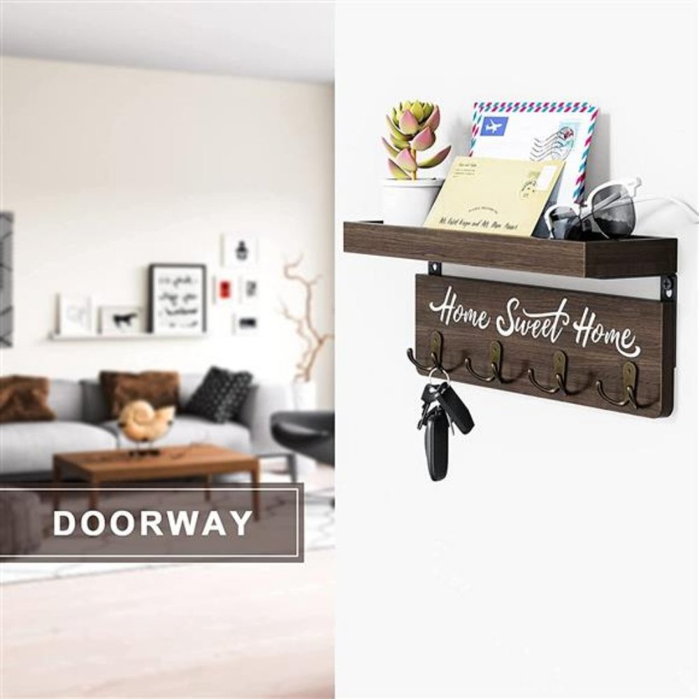 buways Wall-Mounted Key and Mail Holder, Wooden Key Rack with 4 Double Key Hooks